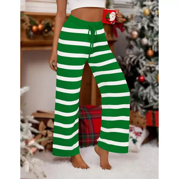 imageZESICA Womens Casual Striped Wide Leg Pants Elastic Waist Drawstring Knit Loose Soft Pajama Lounge Pants Fall ClothesGreen
