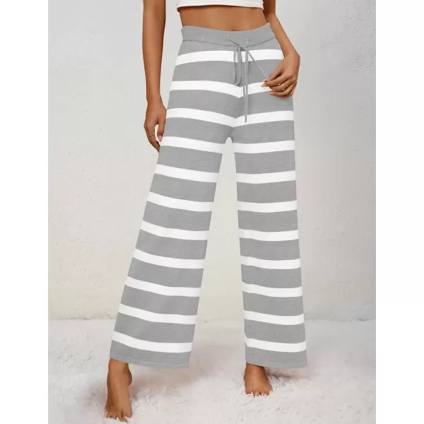 imageZESICA Womens Casual Striped Wide Leg Pants Elastic Waist Drawstring Knit Loose Soft Pajama Lounge Pants Fall ClothesGrey