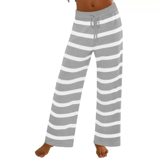 imageZESICA Womens Casual Striped Wide Leg Pants Elastic Waist Drawstring Knit Loose Soft Pajama Lounge Pants Fall ClothesGrey