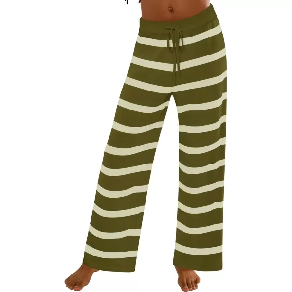 imageZESICA Womens Casual Striped Wide Leg Pants Elastic Waist Drawstring Knit Loose Soft Pajama Lounge Pants Fall ClothesOlive Green