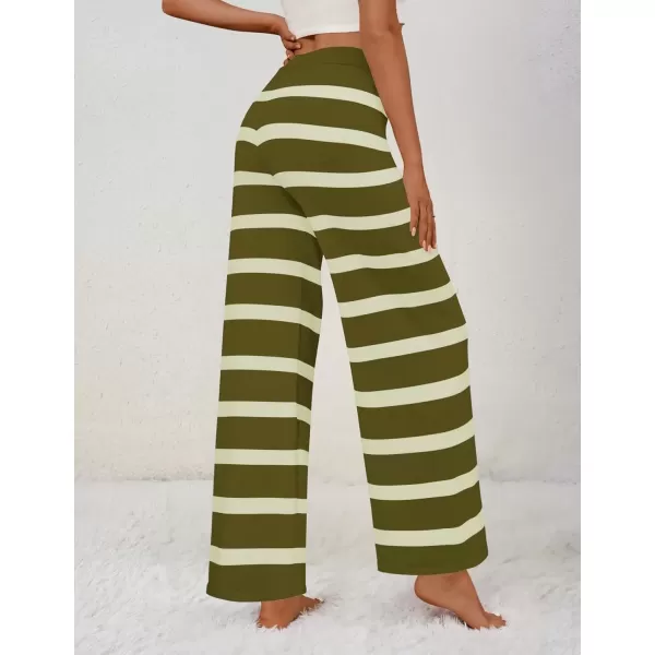 imageZESICA Womens Casual Striped Wide Leg Pants Elastic Waist Drawstring Knit Loose Soft Pajama Lounge Pants Fall ClothesOlive Green