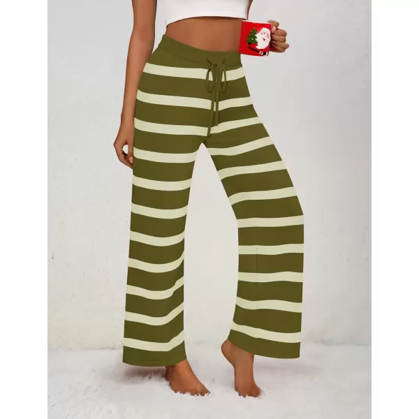 imageZESICA Womens Casual Striped Wide Leg Pants Elastic Waist Drawstring Knit Loose Soft Pajama Lounge Pants Fall ClothesOlive Green