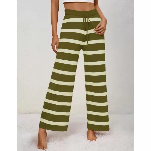 imageZESICA Womens Casual Striped Wide Leg Pants Elastic Waist Drawstring Knit Loose Soft Pajama Lounge Pants Fall ClothesOlive Green