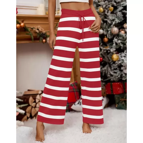 imageZESICA Womens Casual Striped Wide Leg Pants Elastic Waist Drawstring Knit Loose Soft Pajama Lounge Pants Fall ClothesRed