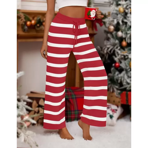 imageZESICA Womens Casual Striped Wide Leg Pants Elastic Waist Drawstring Knit Loose Soft Pajama Lounge Pants Fall ClothesRed