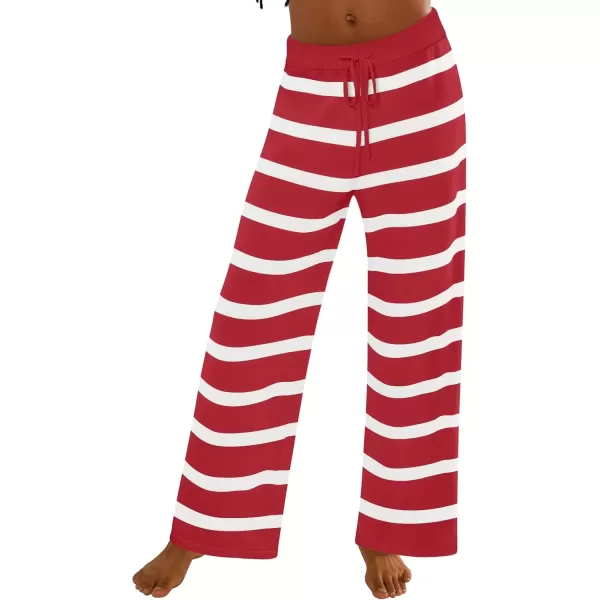 imageZESICA Womens Casual Striped Wide Leg Pants Elastic Waist Drawstring Knit Loose Soft Pajama Lounge Pants Fall ClothesRed