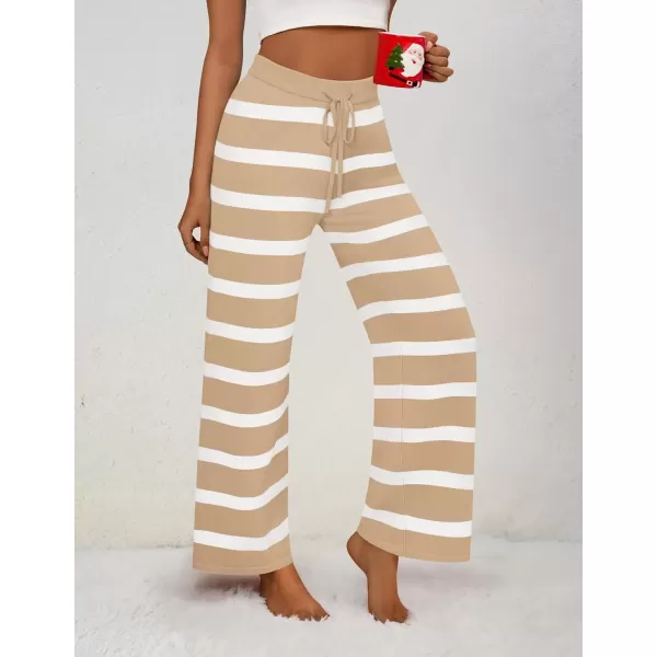 imageZESICA Womens Casual Striped Wide Leg Pants Elastic Waist Drawstring Knit Loose Soft Pajama Lounge Pants Fall ClothesSand