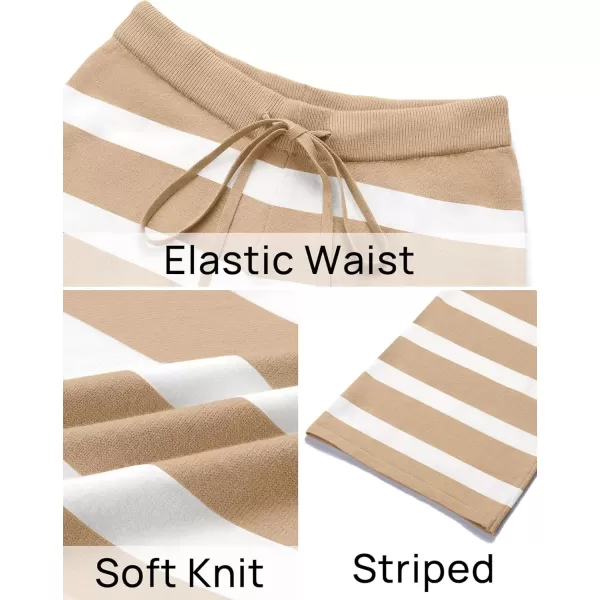imageZESICA Womens Casual Striped Wide Leg Pants Elastic Waist Drawstring Knit Loose Soft Pajama Lounge Pants Fall ClothesSand