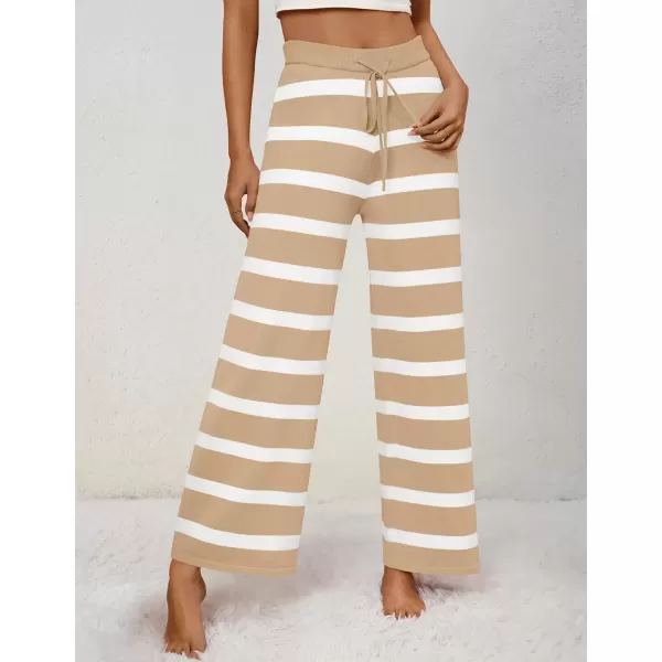 imageZESICA Womens Casual Striped Wide Leg Pants Elastic Waist Drawstring Knit Loose Soft Pajama Lounge Pants Fall ClothesSand