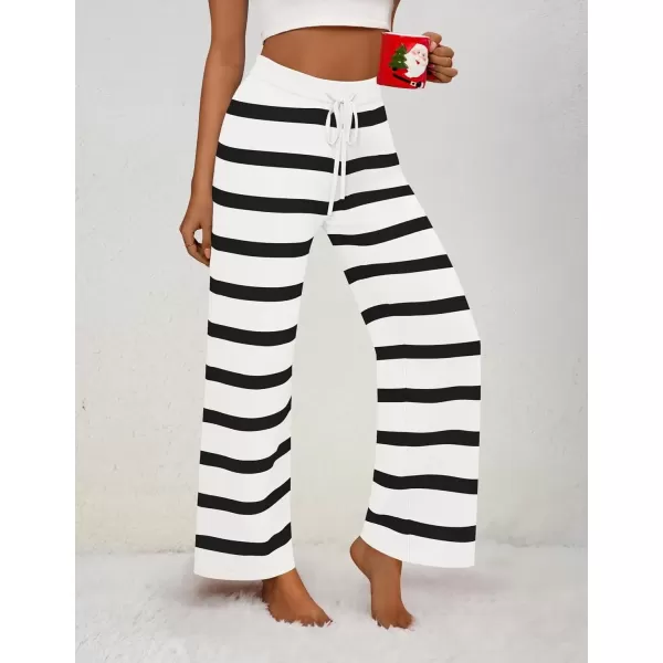 imageZESICA Womens Casual Striped Wide Leg Pants Elastic Waist Drawstring Knit Loose Soft Pajama Lounge Pants Fall ClothesWhite