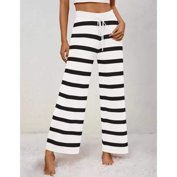 imageZESICA Womens Casual Striped Wide Leg Pants Elastic Waist Drawstring Knit Loose Soft Pajama Lounge Pants Fall ClothesWhite