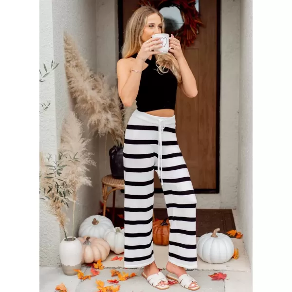 imageZESICA Womens Casual Striped Wide Leg Pants Elastic Waist Drawstring Knit Loose Soft Pajama Lounge Pants Fall ClothesWhite