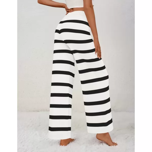 imageZESICA Womens Casual Striped Wide Leg Pants Elastic Waist Drawstring Knit Loose Soft Pajama Lounge Pants Fall ClothesWhite
