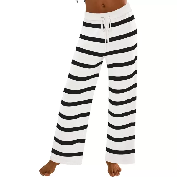 imageZESICA Womens Casual Striped Wide Leg Pants Elastic Waist Drawstring Knit Loose Soft Pajama Lounge Pants Fall ClothesWhite