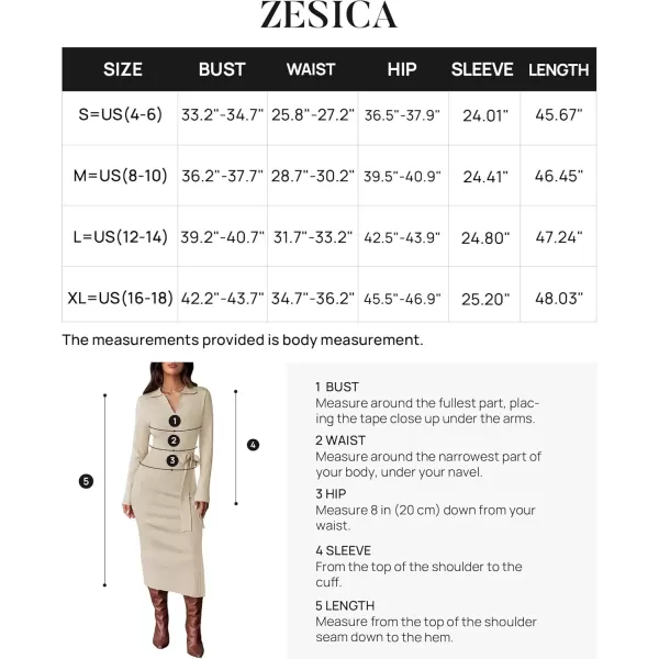 imageZESICA Womens Fall Long Sleeve Sweater Dress 2024 Lapel V Neck Ribbed Knit Side Slit Bodycon Midi Dresses with BeltApricot