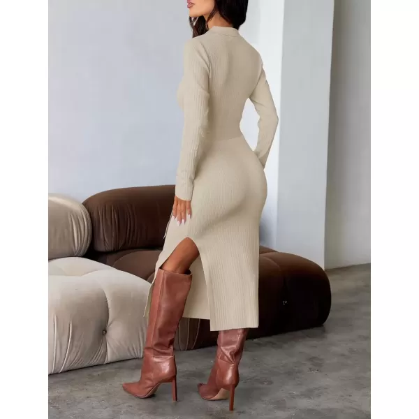 imageZESICA Womens Fall Long Sleeve Sweater Dress 2024 Lapel V Neck Ribbed Knit Side Slit Bodycon Midi Dresses with BeltApricot