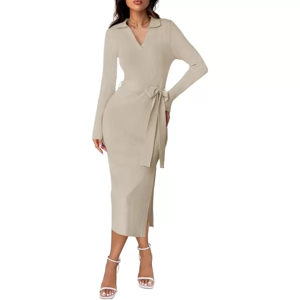 imageZESICA Womens Fall Long Sleeve Sweater Dress 2024 Lapel V Neck Ribbed Knit Side Slit Bodycon Midi Dresses with BeltApricot