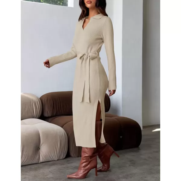 imageZESICA Womens Fall Long Sleeve Sweater Dress 2024 Lapel V Neck Ribbed Knit Side Slit Bodycon Midi Dresses with BeltApricot