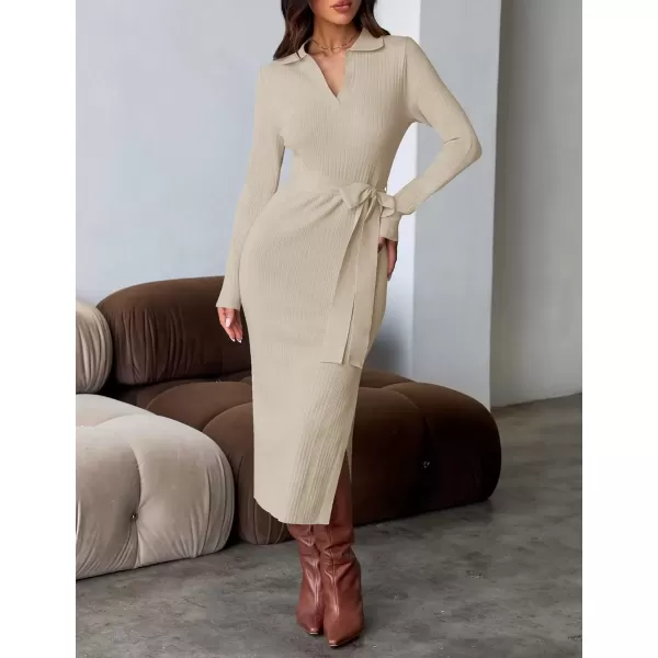 imageZESICA Womens Fall Long Sleeve Sweater Dress 2024 Lapel V Neck Ribbed Knit Side Slit Bodycon Midi Dresses with BeltApricot