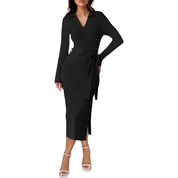 imageZESICA Womens Fall Long Sleeve Sweater Dress 2024 Lapel V Neck Ribbed Knit Side Slit Bodycon Midi Dresses with BeltBlack
