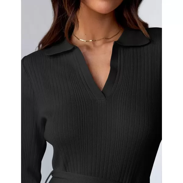 imageZESICA Womens Fall Long Sleeve Sweater Dress 2024 Lapel V Neck Ribbed Knit Side Slit Bodycon Midi Dresses with BeltBlack