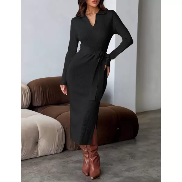 imageZESICA Womens Fall Long Sleeve Sweater Dress 2024 Lapel V Neck Ribbed Knit Side Slit Bodycon Midi Dresses with BeltBlack
