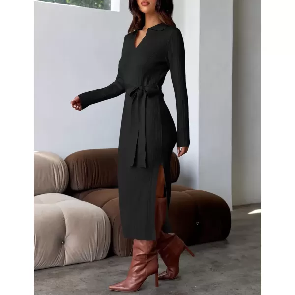 imageZESICA Womens Fall Long Sleeve Sweater Dress 2024 Lapel V Neck Ribbed Knit Side Slit Bodycon Midi Dresses with BeltBlack