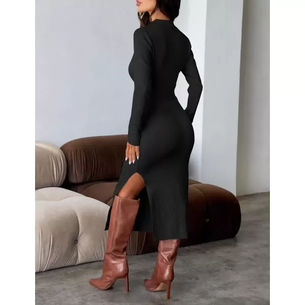imageZESICA Womens Fall Long Sleeve Sweater Dress 2024 Lapel V Neck Ribbed Knit Side Slit Bodycon Midi Dresses with BeltBlack