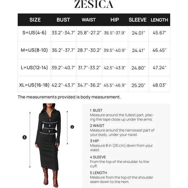 imageZESICA Womens Fall Long Sleeve Sweater Dress 2024 Lapel V Neck Ribbed Knit Side Slit Bodycon Midi Dresses with BeltBlack