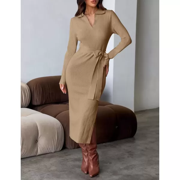 imageZESICA Womens Fall Long Sleeve Sweater Dress 2024 Lapel V Neck Ribbed Knit Side Slit Bodycon Midi Dresses with BeltCamel