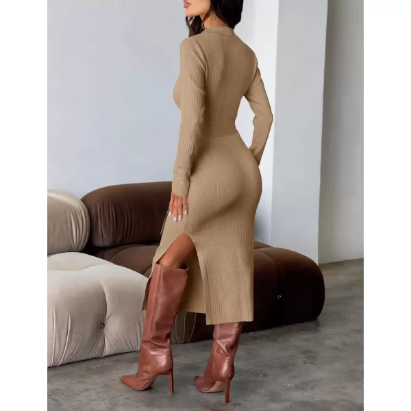imageZESICA Womens Fall Long Sleeve Sweater Dress 2024 Lapel V Neck Ribbed Knit Side Slit Bodycon Midi Dresses with BeltCamel