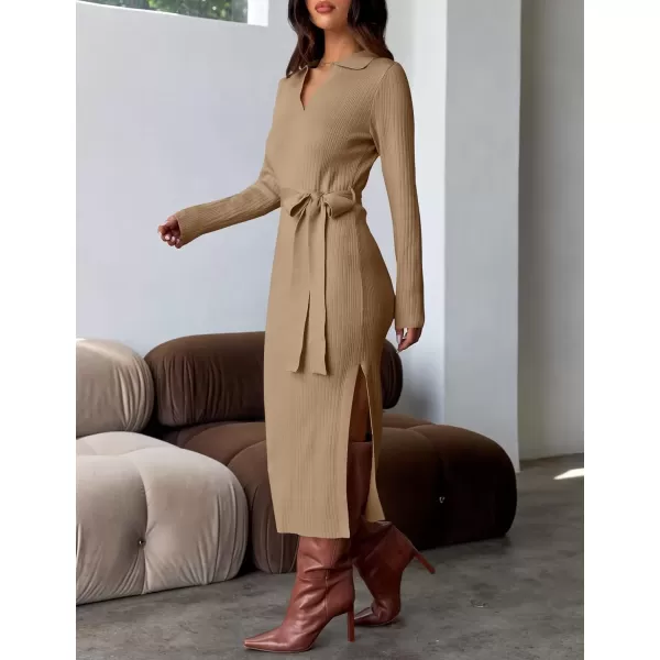 imageZESICA Womens Fall Long Sleeve Sweater Dress 2024 Lapel V Neck Ribbed Knit Side Slit Bodycon Midi Dresses with BeltCamel