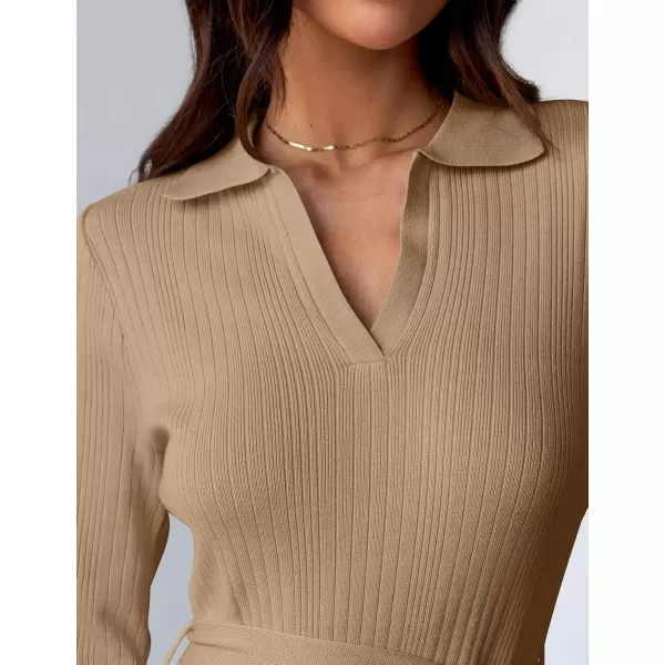 imageZESICA Womens Fall Long Sleeve Sweater Dress 2024 Lapel V Neck Ribbed Knit Side Slit Bodycon Midi Dresses with BeltCamel