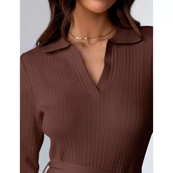 imageZESICA Womens Fall Long Sleeve Sweater Dress 2024 Lapel V Neck Ribbed Knit Side Slit Bodycon Midi Dresses with BeltCoffee