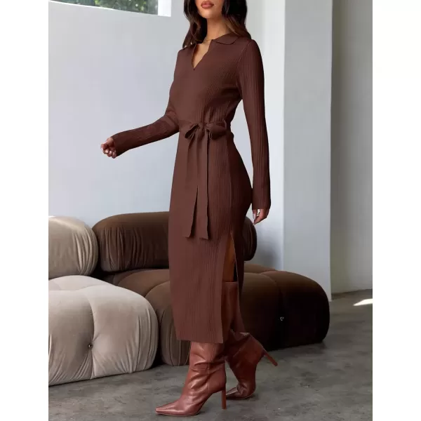 imageZESICA Womens Fall Long Sleeve Sweater Dress 2024 Lapel V Neck Ribbed Knit Side Slit Bodycon Midi Dresses with BeltCoffee