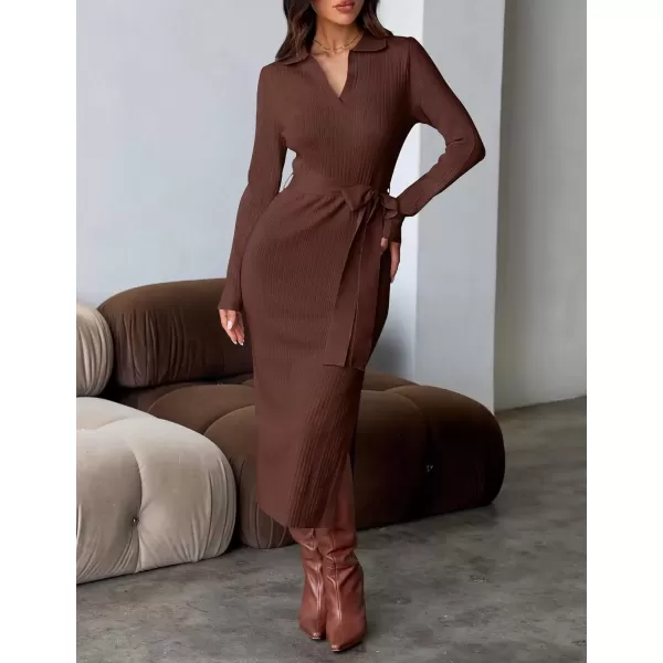 imageZESICA Womens Fall Long Sleeve Sweater Dress 2024 Lapel V Neck Ribbed Knit Side Slit Bodycon Midi Dresses with BeltCoffee