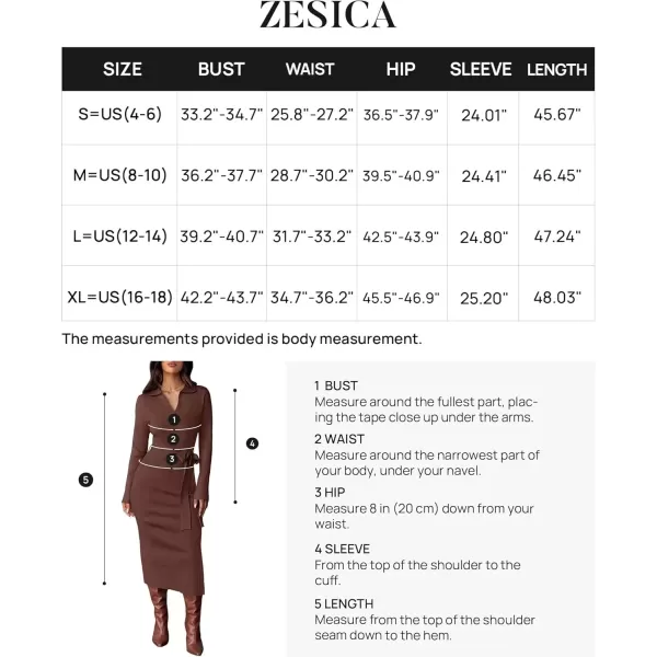 imageZESICA Womens Fall Long Sleeve Sweater Dress 2024 Lapel V Neck Ribbed Knit Side Slit Bodycon Midi Dresses with BeltCoffee