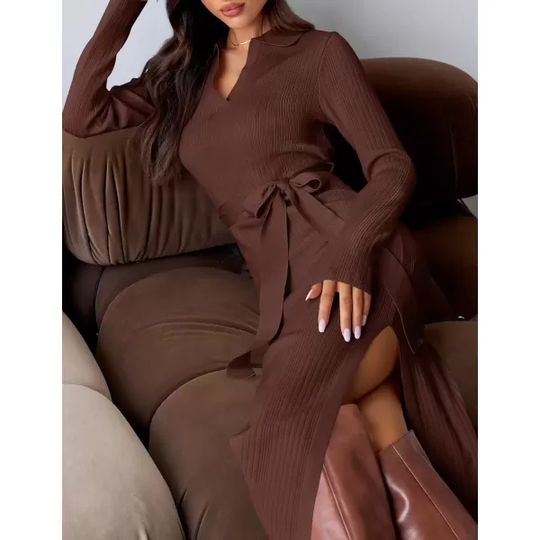 imageZESICA Womens Fall Long Sleeve Sweater Dress 2024 Lapel V Neck Ribbed Knit Side Slit Bodycon Midi Dresses with BeltCoffee