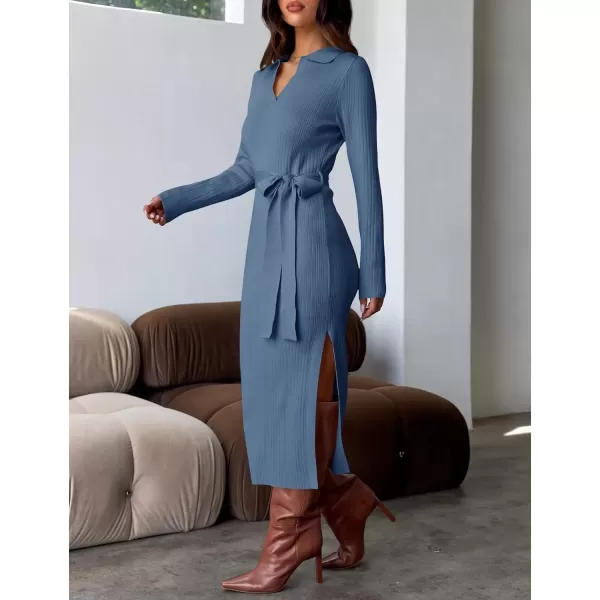 imageZESICA Womens Fall Long Sleeve Sweater Dress 2024 Lapel V Neck Ribbed Knit Side Slit Bodycon Midi Dresses with BeltDarkblue