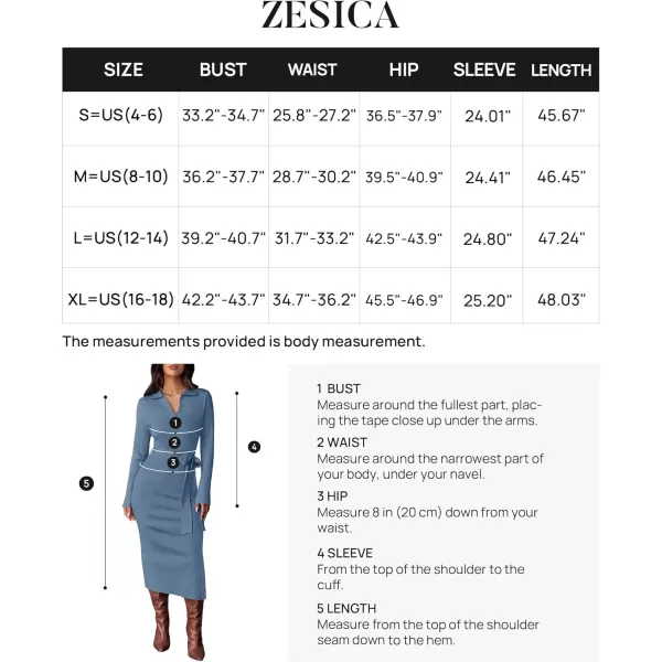 imageZESICA Womens Fall Long Sleeve Sweater Dress 2024 Lapel V Neck Ribbed Knit Side Slit Bodycon Midi Dresses with BeltDarkblue