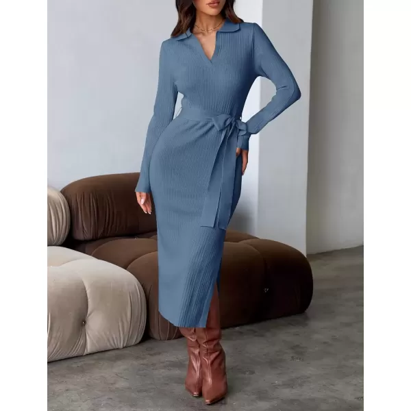 imageZESICA Womens Fall Long Sleeve Sweater Dress 2024 Lapel V Neck Ribbed Knit Side Slit Bodycon Midi Dresses with BeltDarkblue