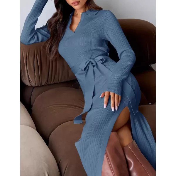 imageZESICA Womens Fall Long Sleeve Sweater Dress 2024 Lapel V Neck Ribbed Knit Side Slit Bodycon Midi Dresses with BeltDarkblue