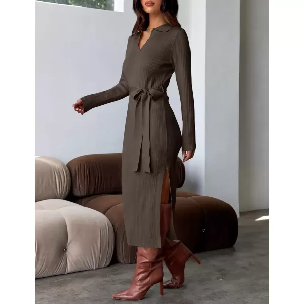 imageZESICA Womens Fall Long Sleeve Sweater Dress 2024 Lapel V Neck Ribbed Knit Side Slit Bodycon Midi Dresses with BeltNutmeg