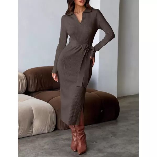 imageZESICA Womens Fall Long Sleeve Sweater Dress 2024 Lapel V Neck Ribbed Knit Side Slit Bodycon Midi Dresses with BeltNutmeg