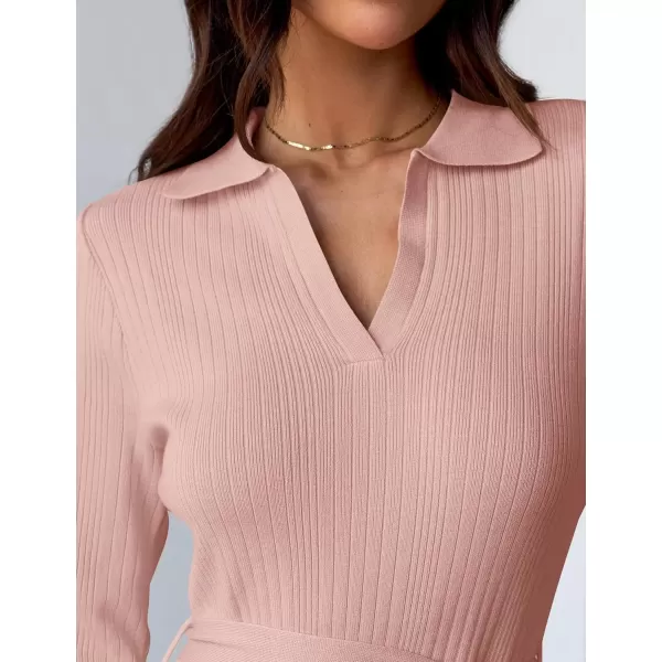 imageZESICA Womens Fall Long Sleeve Sweater Dress 2024 Lapel V Neck Ribbed Knit Side Slit Bodycon Midi Dresses with BeltPink
