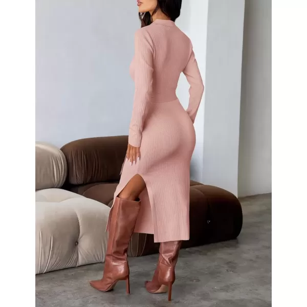 imageZESICA Womens Fall Long Sleeve Sweater Dress 2024 Lapel V Neck Ribbed Knit Side Slit Bodycon Midi Dresses with BeltPink