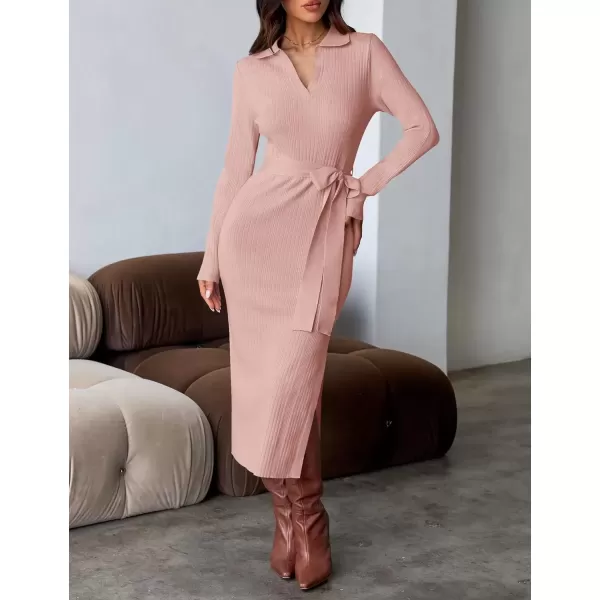 imageZESICA Womens Fall Long Sleeve Sweater Dress 2024 Lapel V Neck Ribbed Knit Side Slit Bodycon Midi Dresses with BeltPink