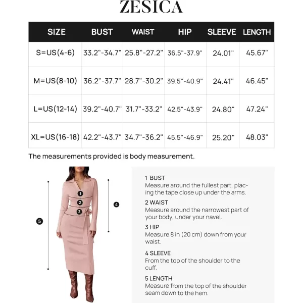 imageZESICA Womens Fall Long Sleeve Sweater Dress 2024 Lapel V Neck Ribbed Knit Side Slit Bodycon Midi Dresses with BeltPink