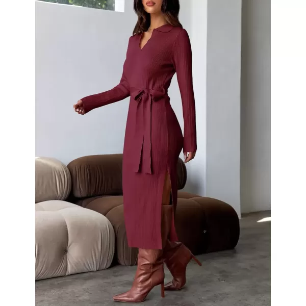 imageZESICA Womens Fall Long Sleeve Sweater Dress 2024 Lapel V Neck Ribbed Knit Side Slit Bodycon Midi Dresses with BeltPlum