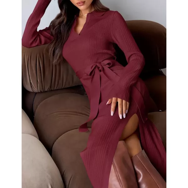 imageZESICA Womens Fall Long Sleeve Sweater Dress 2024 Lapel V Neck Ribbed Knit Side Slit Bodycon Midi Dresses with BeltPlum
